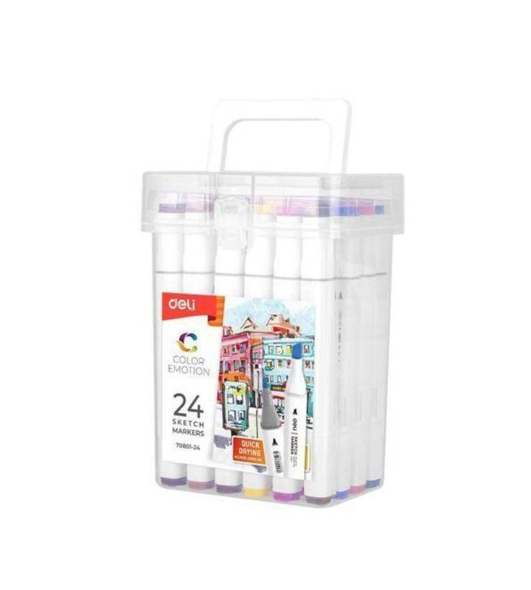Deli Coffret de 24 Marqueurs Professionnels – Feutres à Double Pointe (1mm & 7mm) à Encre Alcool pour Dessin, Croquis et Illustration